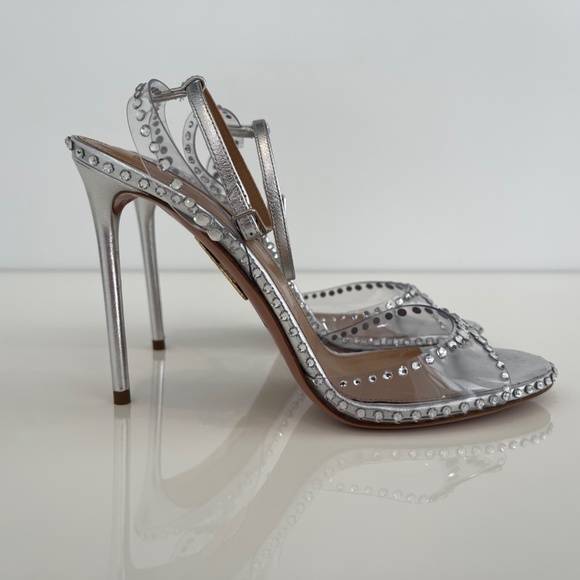 AQUAZZURA SILVER PVC LEATHER CRYSTAL SANDALS SIZE IT 38 / US 8 NEW IN BOX! - Picture 5 of 17